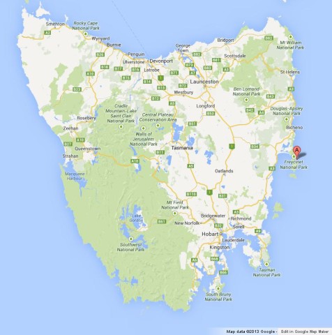 location Wineglass Bay on Map of Tasmania