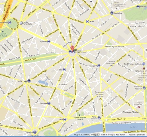 location Arc de Triomphe on Map of Paris