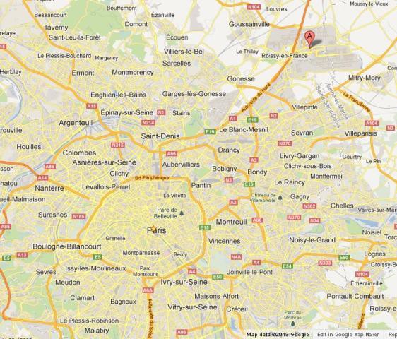 location Charles de Gaulle Airport on Map of Paris