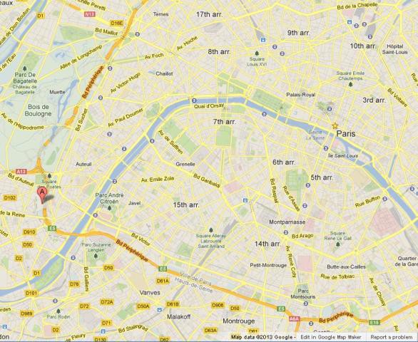 location Parc des Princes on Map of Paris
