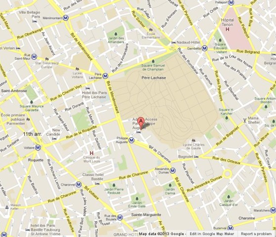 location Pere Lachaise on Map of Paris