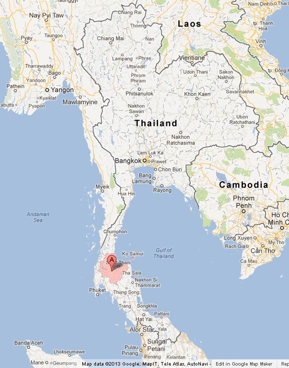 Surat Thani Province on Map of Thailand