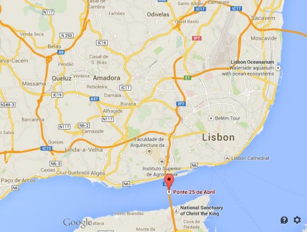 Location 25 Abril bridge on map of Lisbon