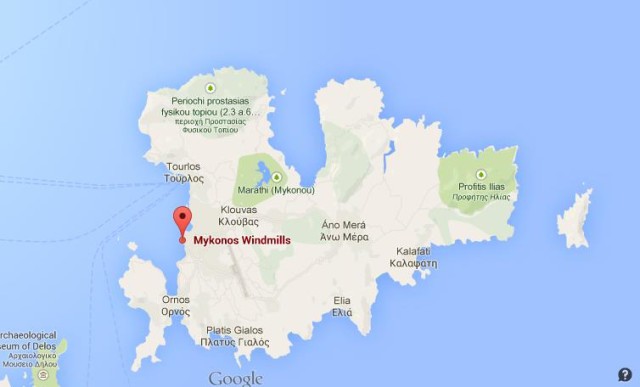 location of the famous windmills on map Mykonos