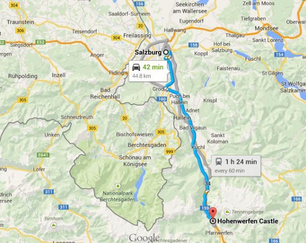 location Hohenwerfen Castle on map of Salzburg