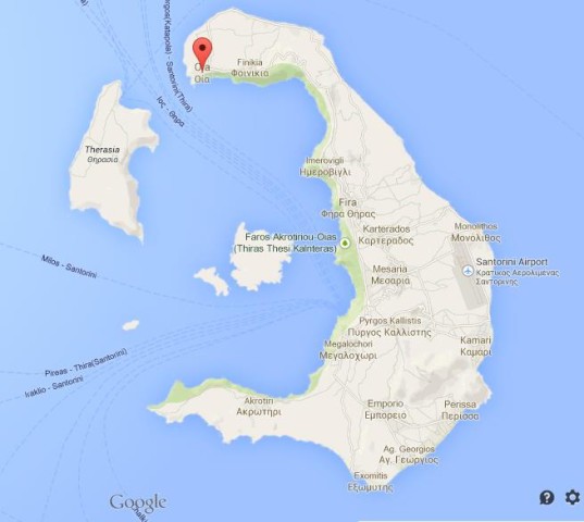 location Oia on Map of Santorini