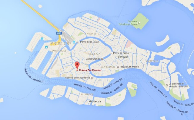 location Santa Maria dei Carmini Church on map of Venice