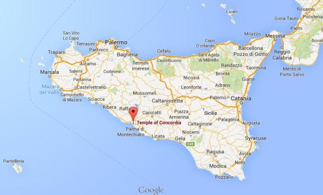 location Temple of Concordia on map of Sicily