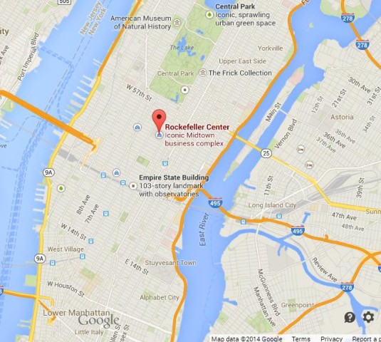 location Rockfeller Center on Map of Manhattan