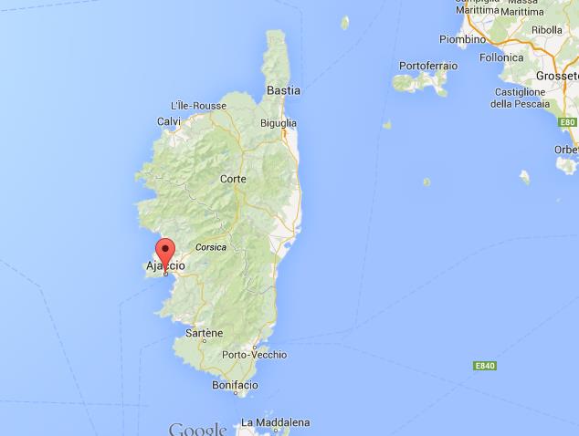 location Ajaccio on map of Corsica