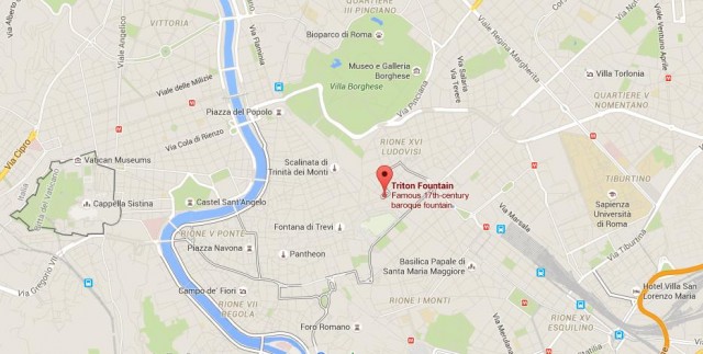 location Fontana del Tritone on map Rome