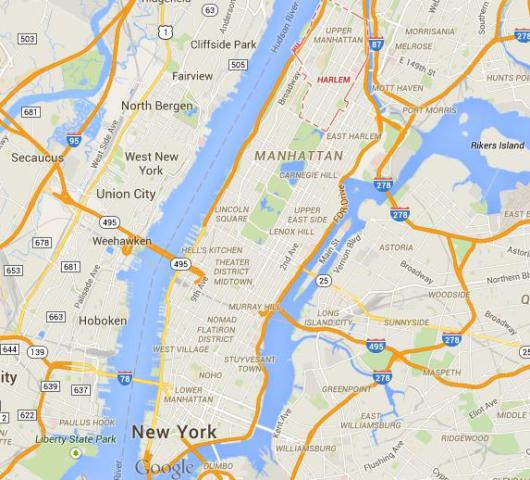 location Harlem on map of Manhattan