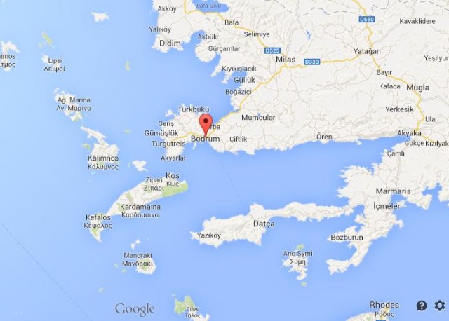 location Bodrum on map of South Turkey