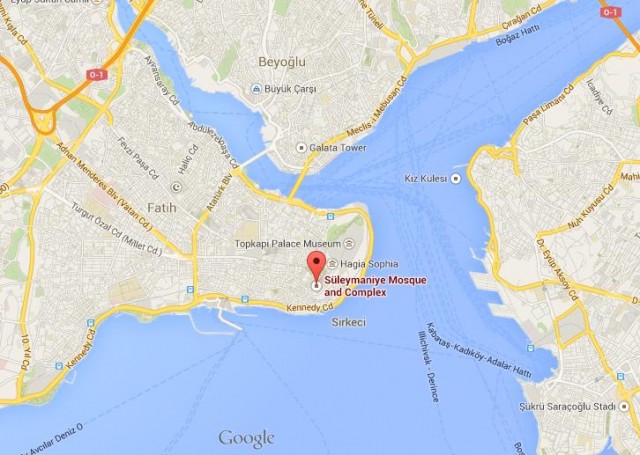 location Suleymaniye Mosque on map of Istanbul
