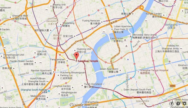 location Longhua Temple on map of Shanghai