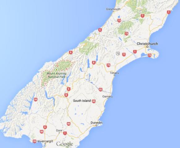 location Mount Aspiring National Park on map New Zealand South Island