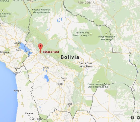 location Yungas Road on map of Bolivia