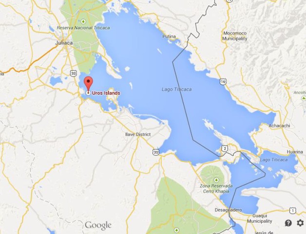 location Uros Islands on map of Lake Titicaca