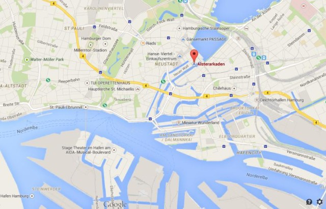 location Alster Arcades on map of Hamburg