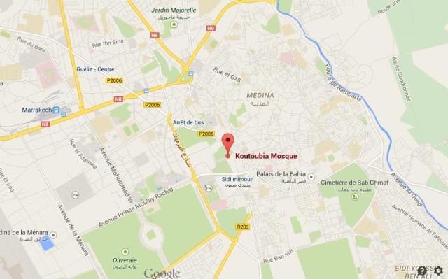 location Koutoubia Mosque on map of Marrakech
