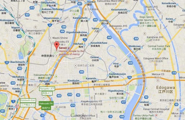 location Senso-ji Temple on map of Tokyo