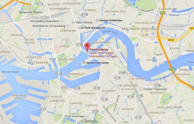 location Erasmus Bridge on map Rotterdam