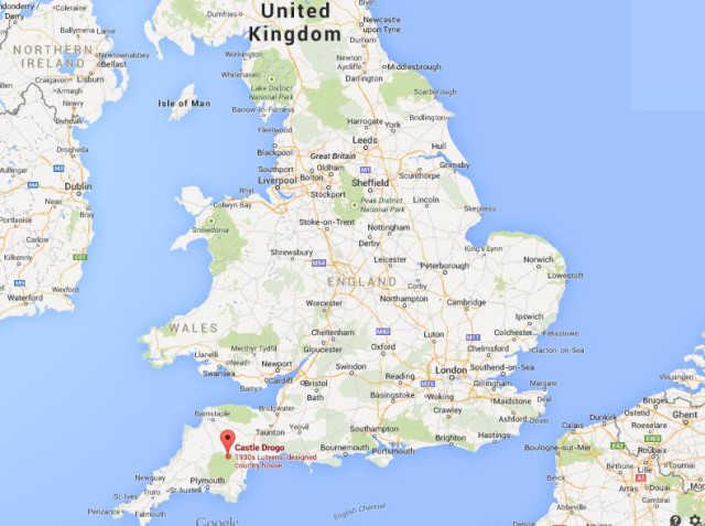 location Castle Drogo on map of England