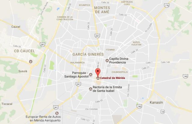 Location of Cathedral on map of Merida