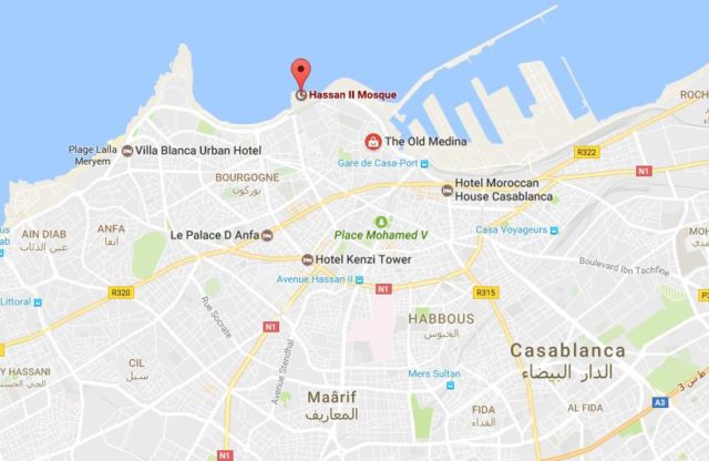 Location of Mosque Hassan II on map Casablanca