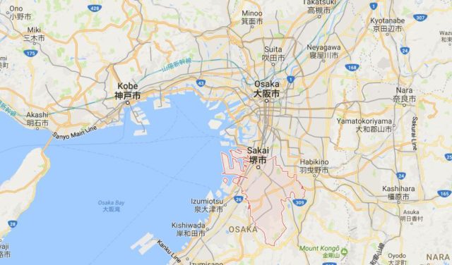 Location of Sakai on map of Osaka