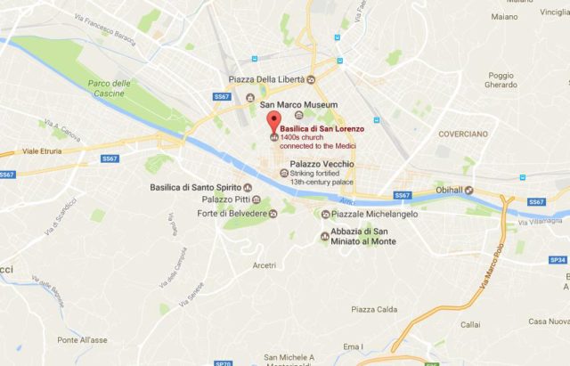 Location of San Lorenzo Church on map Florence