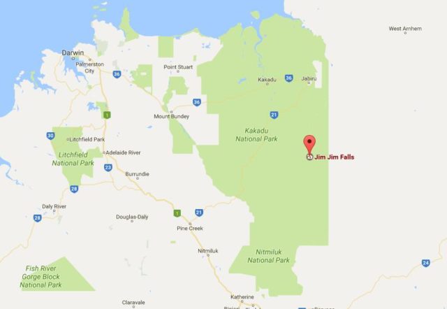 Location of Jim Jim Falls on map of Kakadu National Park