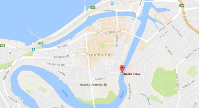 Location of Old Town Bridge on map Trondheim