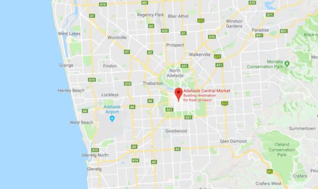 Location of Central Market on map of Adelaide