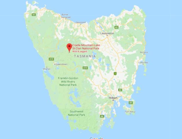 Location of Cradle Mountain Lake St Clair National Park on map of Tasmania