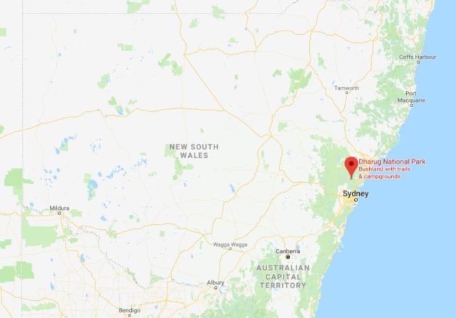 Location of Dharug National Park on map of New South Wales