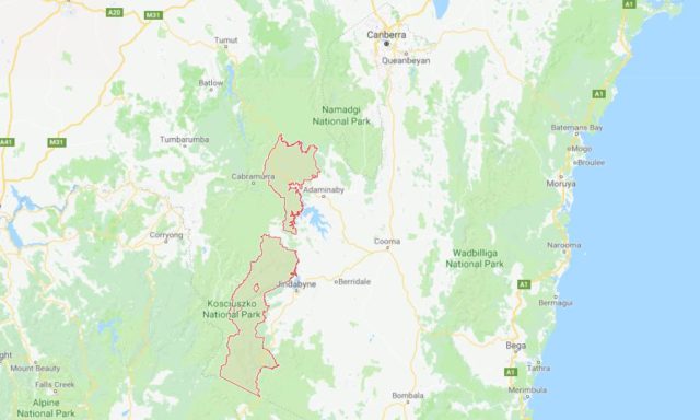 Location of Kosciuzko National Park on map of Canberra