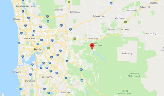 Location of Mundaring Weir on map of Perth