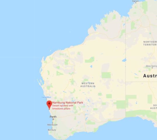 Location of Nambung National Park on map of Western Australia