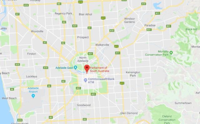 Location of Parliament House on map of Adelaide