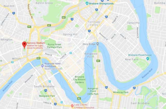 Where is Lang Park Suncorp Stadium located on map of Brisbane
