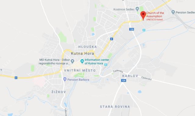 Where is Church of the Assumption of Our Lady located on map of Kutna Hora