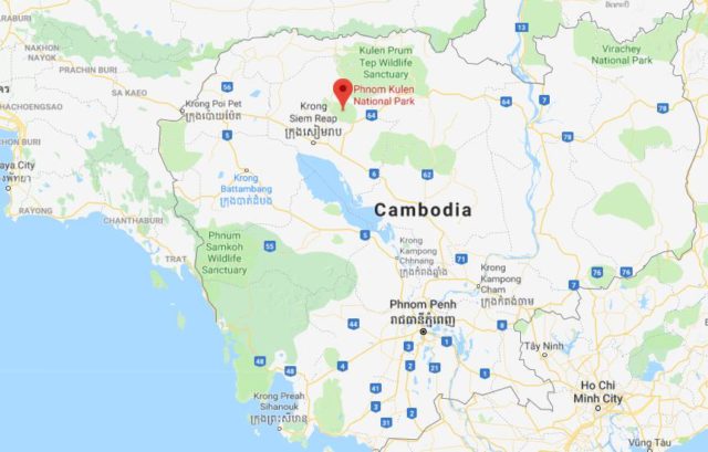 Where is Phnom Kulen National Park located on map of Cambodia