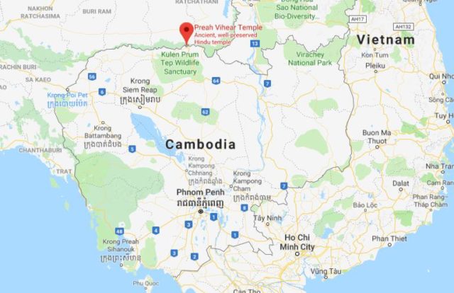 Where is Preah Vihear Temple located on map of Cambodia