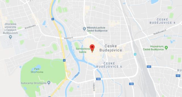 Where is Samson's Fountain located on map of Ceske Budejovice