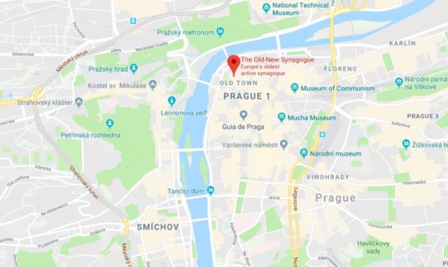 Where is The Old New Synagogue located on map of Prague