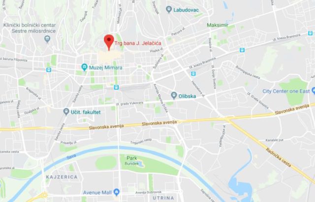 Where is Trg Bana Jelacica located on map of Zagreb