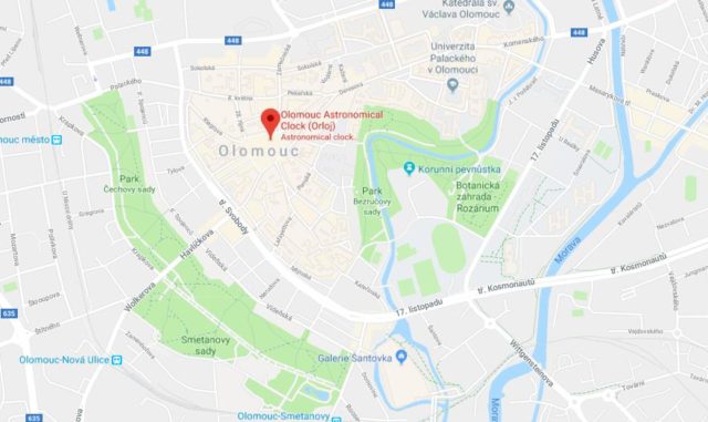 Where is the Astronomical Clock located on map of Olomouc