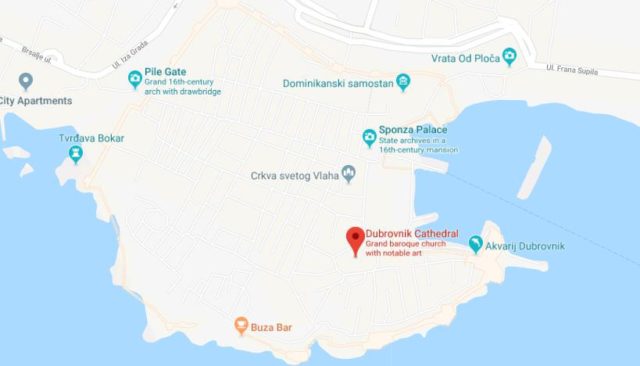 Where is the Cathedral located on map of Dubrovnik