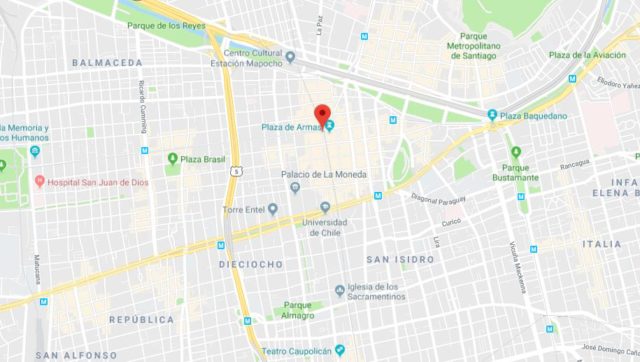 Where is Plaza de Armas located on map of Santiago